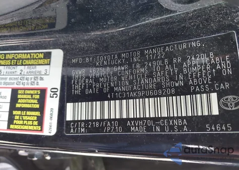 2023 Toyota Camry Le Hybrid z USA, uszkodzony, nr VIN 4T1C31AK9PU609208